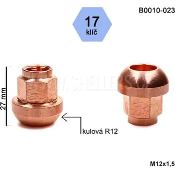 Matice na kolo Kolová matice M12x1,5 kulová R12 otevřená s měděným povrchem, klíč 19, B0010-023, výška 27
