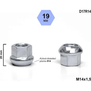 Matice na kolo Kolová matice M14x1,5 koule R14 otevřená, D17R14, klíč 19, výška 20 mm