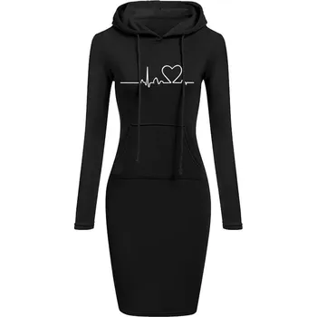 Dámský svetr Pohodlné dámské mikinové šaty s potiskem a kapucí Barva: Černá, Velikost: XXXL