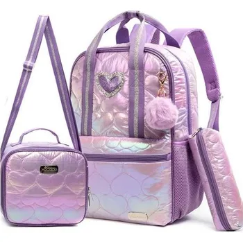 Dětský batoh Jasmine Dívčí školní batoh set 3v1 se srdíčkem Fialový 20L DANIVIVI D2470s1