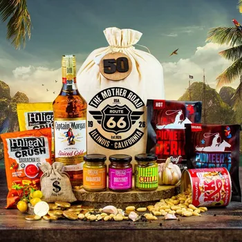 Dárkový potravinový koš Dárkový koš v pytli pro muže, chlapa Captain Morgan originální dárek pro muže k narozeninám, vánocům, valentýnu Route 66