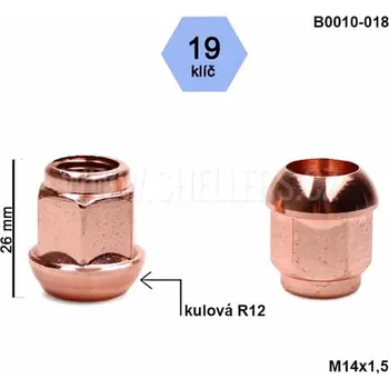 Matice na kolo Kolová matice M14x1,5 kulová R12 otevřená s měděným povrchem, klíč 19, B0010-018, výška 26