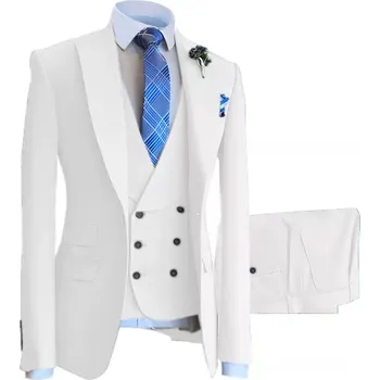 Luxusní svatební oblek na svatbu s dvouřadou vestou Barva: Bílá, Velikost: XS