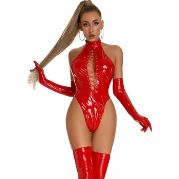 Dámská erotická souprava Latexový set body rukavice a punčochy Velikost: M, Barva (Varianta): červená pouze body