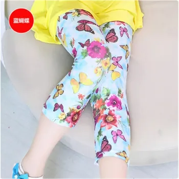 Chlapecké kalhoty Dívčí hedvábné capri legíny s jarním potiskem (vel. od 2 do 12 let) Barva: 3 modrá s motýlky, Velikost: 130/7-8 let