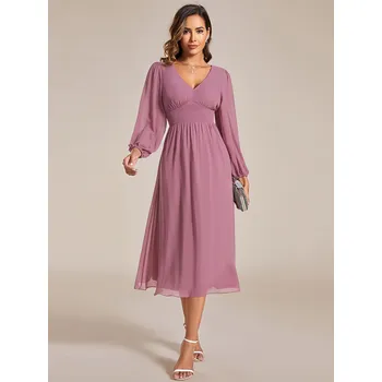 Dámské šaty Šifonové svatební šaty s dlouhými rukávy ke kolenům Barva: Tmavě Růžová, Velikost: M