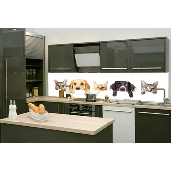 Tapeta DIMEX | Fototapeta do kuchyně Kočky a psi KI-260-175 | 260 x 60 cm | bílá, šedá, černá, béžová + Samolepicí fototapeta za kuchyňskou linku DIMEX Kočky a psi v šíři 260 cm