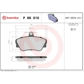 Brzdová destička Sada brzdových destiček, kotoučová brzda BREMBO P 86 010