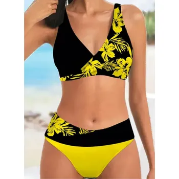 Dámské plavky Dámské plavky dvojdílné "Plus Size" (XS-5XL) s květinovým potiskem Barva: Žlutá, Velikost: XXXL