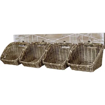 Drátěná police Hnědá antik dřevěná polička s proutěnými košíky Girro - 95*26*23 cm