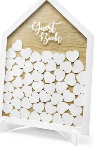 PartyDeco Dřevěná kniha hostů, GUEST BOOK, domeček se srdíčky, 30,5x40cm