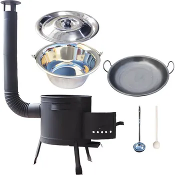 Kempingové nádobí Nerezový kotlík 20 L (1,2 mm) + železná pánev 46 cm WOK + nízká žáruvzdorná kotlina 42 PLUS 600 + poklice + vařečka + naběračka