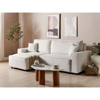 Pohovka Rohová rozkládací pohovka krémově bílá manšestrová pravostranná stylový nábytek s polštáři obývací pokoj extra lůžko Beliani