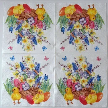 Ubrousek na decoupage - Velikonoce - Kuřátka s květy