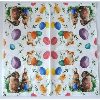 Papírový ubrousek Ubrousek na decoupage - Velikonoce - Zajíčci s květinami