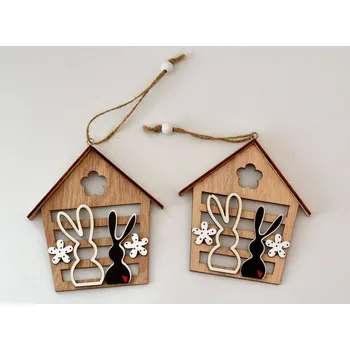 Dřevěná dekorace - Domeček se zajíčky 11 cm