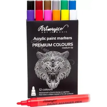 Artmagico akrylový popisovač se středním hrotem (2 mm) 12 ks (Akrylové fixy v sadě 12 kusů se středním hrotem o šíři linky 2-3 mm v prémiové kvalitě. Perfektní inkoust se skvělými krycími vlastnostmi vhodný pro všechny typy malby a kreativní tvorby.)