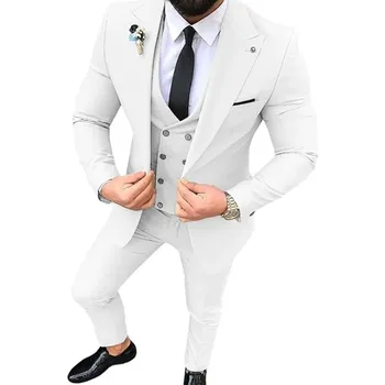 Svatební pánský oblek 3v1 sako, kalhoty a dvouřadá vesta Barva: Bílá, Velikost: XS