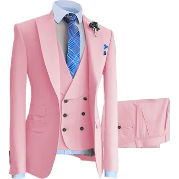 Luxusní svatební oblek na svatbu s dvouřadou vestou Barva: Růžová, Velikost: S