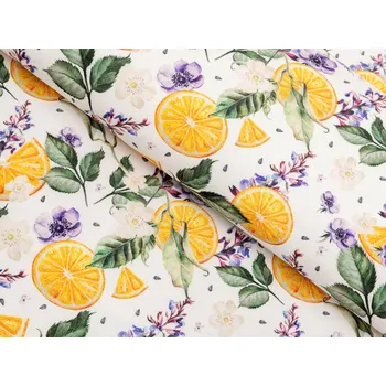 Dekorační látka PML-103 Pomeranče mezi květy na bílém - šířka 150 cm