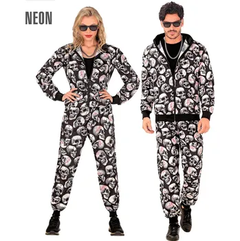 Karnevalový kostým Unisex neonová disco šusťákovka z 80. a 90. let s lebkami - XXL