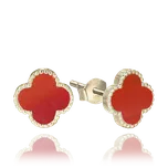 0970 MINET Pozlacené stříbrné náušnice čtyřlístky s červeným achátem