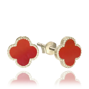 Náušnice 0970 MINET Pozlacené stříbrné náušnice čtyřlístky s červeným achátem