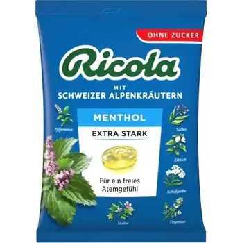 Bonbon RICOLA bylinné Mentolové bonbóny BEZ CUKRU, se sladidly 75 g (Švýcarské bonbóny Mentol, se sladidly ze stévie, zklidňují krk a hlasivky 75 g)