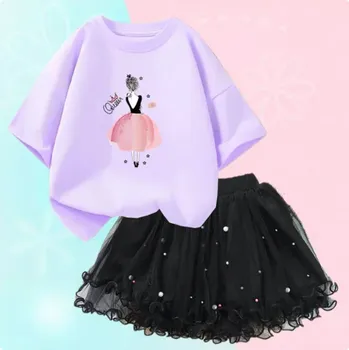 Dívčí letní set - nařasená TUTU sukně + bavlněné tričko s motivem tanečnice Varianta: set 24, Velikost: 12 let/150