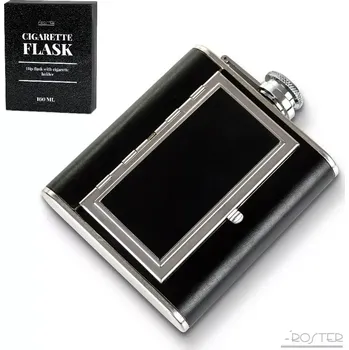 Žertovný předmět Kovová placatka s tabatěrkou - potah černá koženka