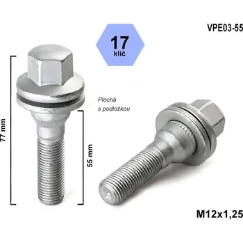 Šroubek na kolo Kolový šroub M12x1,25x55, VPE03-55, plochá podložka, CITROËN, FIAT, PEUGEOT, klíč 17, výška 77 mm