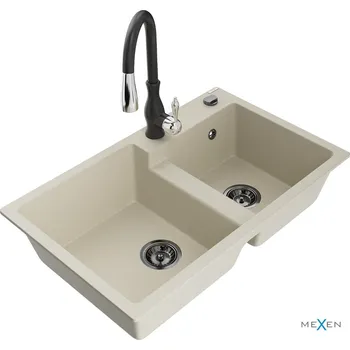 Granitový dřez MEXEN/S - Tomas granitový dřez 2-bowl včetně baterie Savita, béžová 6516-69-672601-70