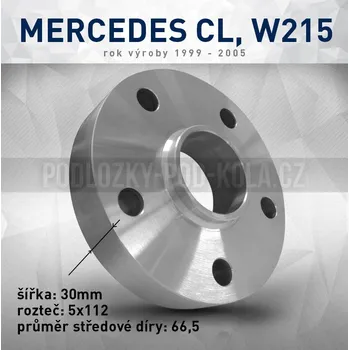 Tuning Rozšiř. podložka Mercedes CL W215, šíře 30mm, rozteč 5x112, střed 66,5 - průchozí, 1ks (Rozšiřovací podložka pro vozy Mercedes CL W215, r.v.99-05)