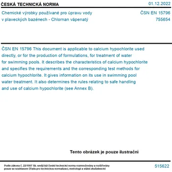 Bazénová chemie ČSN EN 15796 - Chemické výrobky používané pro úpravu vody v plaveckých bazénech - Chlornan vápenatý - Tisk
