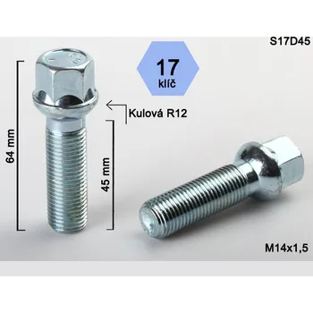 Šroubek na kolo Kolové šrouby M14x1,5x45mm dosedací plocha koule R12, klíč 17, pozink G (Šrouby na kola)