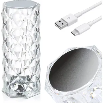 Lampička Křišťálová LED stolní lampa, vzor růže, 3 barvy světla, dotykový panel, USB-C kabel, 2000 mAh baterie