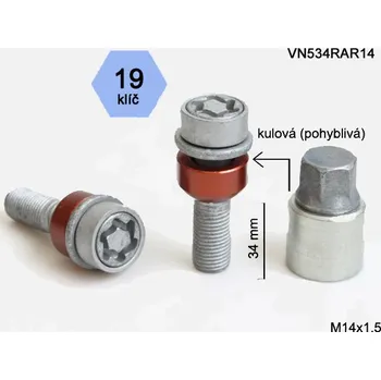 Šroubek na kolo Zajišťovací šrouby SICUSTAR M14x1,5x34mm, kulová R14 (pohyblivá), klíč 19 (Pojistné šrouby SICUSTAR)
