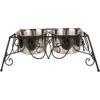 Miska pro psa Velké hnědé kovové misky pro psa nebo kočku - 46*26*16 cm / 2x2000 ml