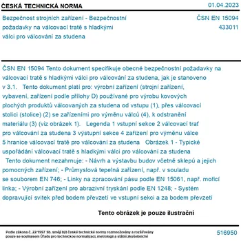 ČSN EN 15094 - Bezpečnost strojních zařízení - Bezpečnostní požadavky na válcovací tratě s hladkými válci pro válcování za studena - Tisk