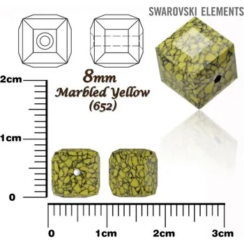 Dětské navlékací korálky SWAROVSKI CUBE Beads 5601/B KERAMICKÉ korálky barva MARBLED YELLOW velikost 8mm.