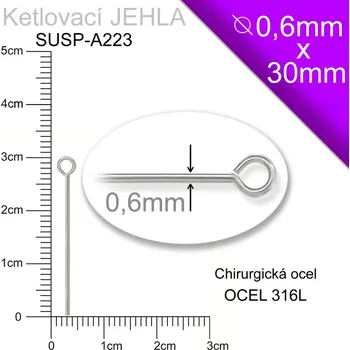 Materiál na výrobu šperku Ketlovací JEHLA CHIRURGICKÁ OCEL ozn.-SUSP-A223. velikost 30mm. tl.0,6mm