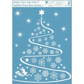 Vánoční dekorace Anděl Okenní fólie vánoční s glitry Rej vloček stromeček 42 x 30 cm