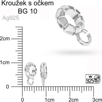 Šperk Kroužek s očkem ozn.BG 10 Velikost pr. 7,0mm otvor 4,0mm. Materiál Stříbro Ag 925.váha 0,49 g.