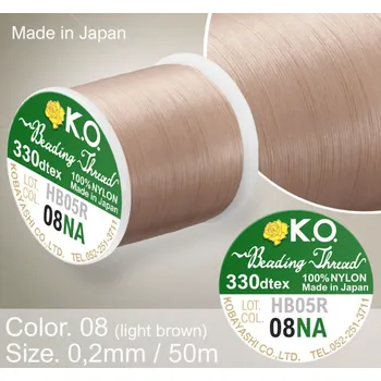 Nit Nylonová nit značky K.O. Barva č. 08 light brown. Materiál 330DTEX (0,2mm). Balení 50m.