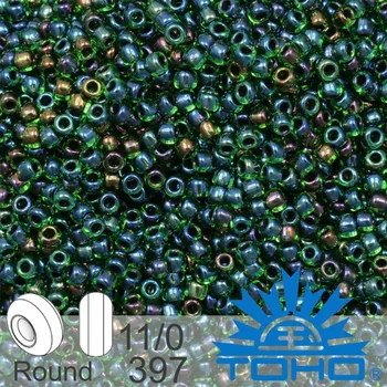 Korálek Korálky TOHO tvar ROUND (kulaté). Velikost 11/0. Barva č. 397-Inside-Color Rainbow Green/Purple Lined . Balení 8g.