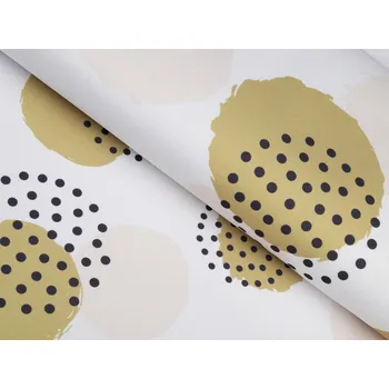 Teflonová látka na ubrusy TF-059 Okrová a světle meruňková puntíková kola na bílém - šířka 155 cm