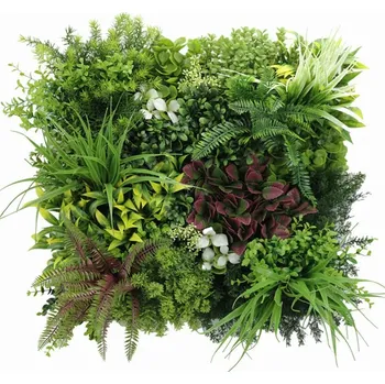 umělá květina MALÁ ZELENÁ STĚNA bohatý mix rostlin 2, dílec 50 x 50 cm (Hustá realistická malá zelená stěna rich mix of plants , dílec 50 x 50 cm)