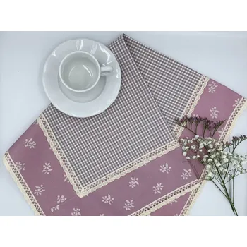 ubrus Napron - ubrus růžový kanafas kostky a kytičky s krajkou Vzor kanafasu: Kostičky 3x3mm - dvoubarevné, Napron rozměr: 65x65 cm