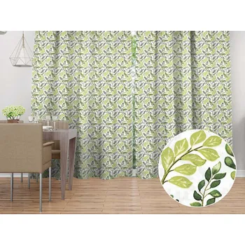 ubrus Bavlněný závěs Sandra SA-426 Zelené větvičky s lístky na bílém 140x140 cm