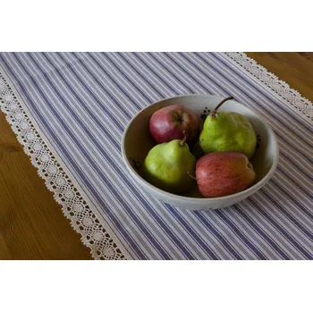 ubrus Běhoun z modrého kanafasu s širokou krajkou Vzor kanafasu: Kombinované proužky, Běhoun rozměr: 45x150cm (50/150cm)